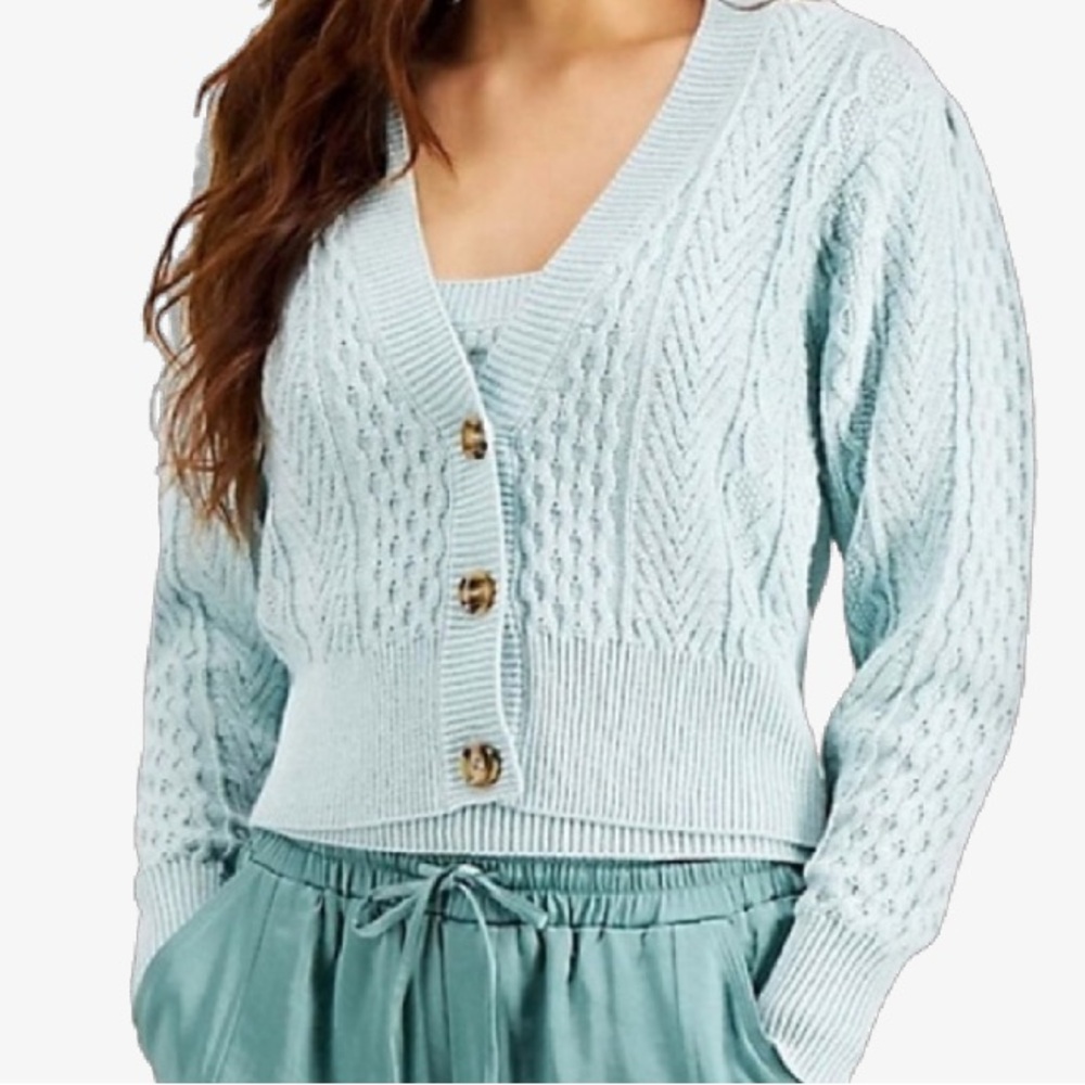 INC Lightweight Twinset - Cable Knit Cardigan & Tank in Mint Green